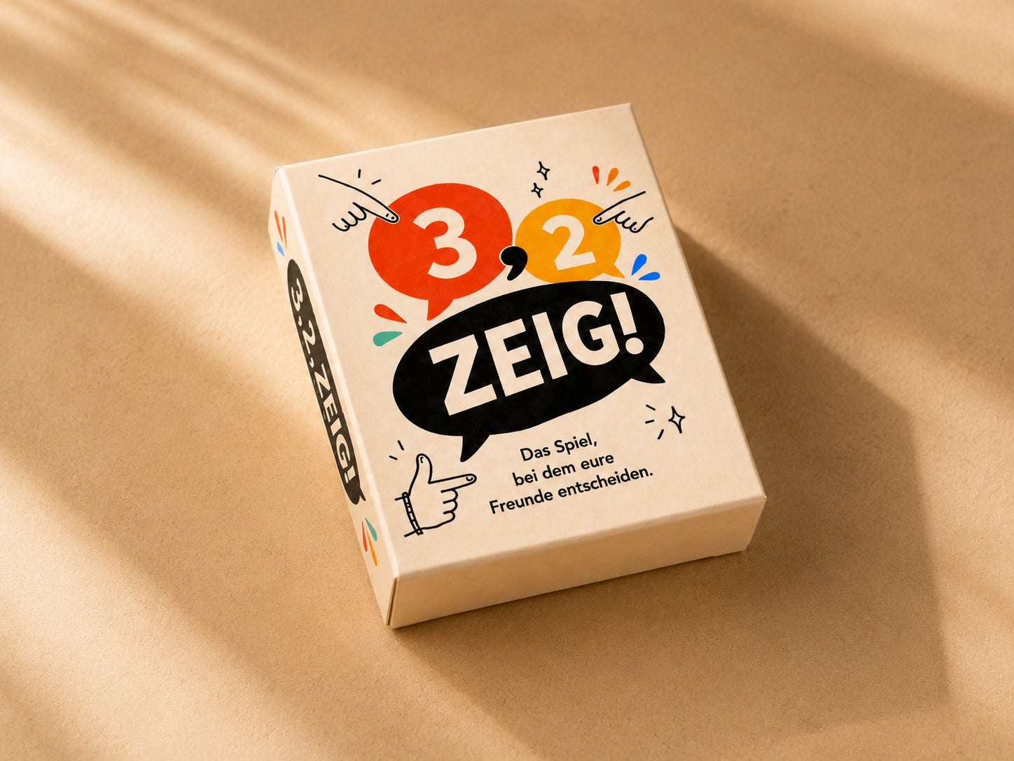 3,2,ZEIG! Spielbox auf warmem Hintergrund