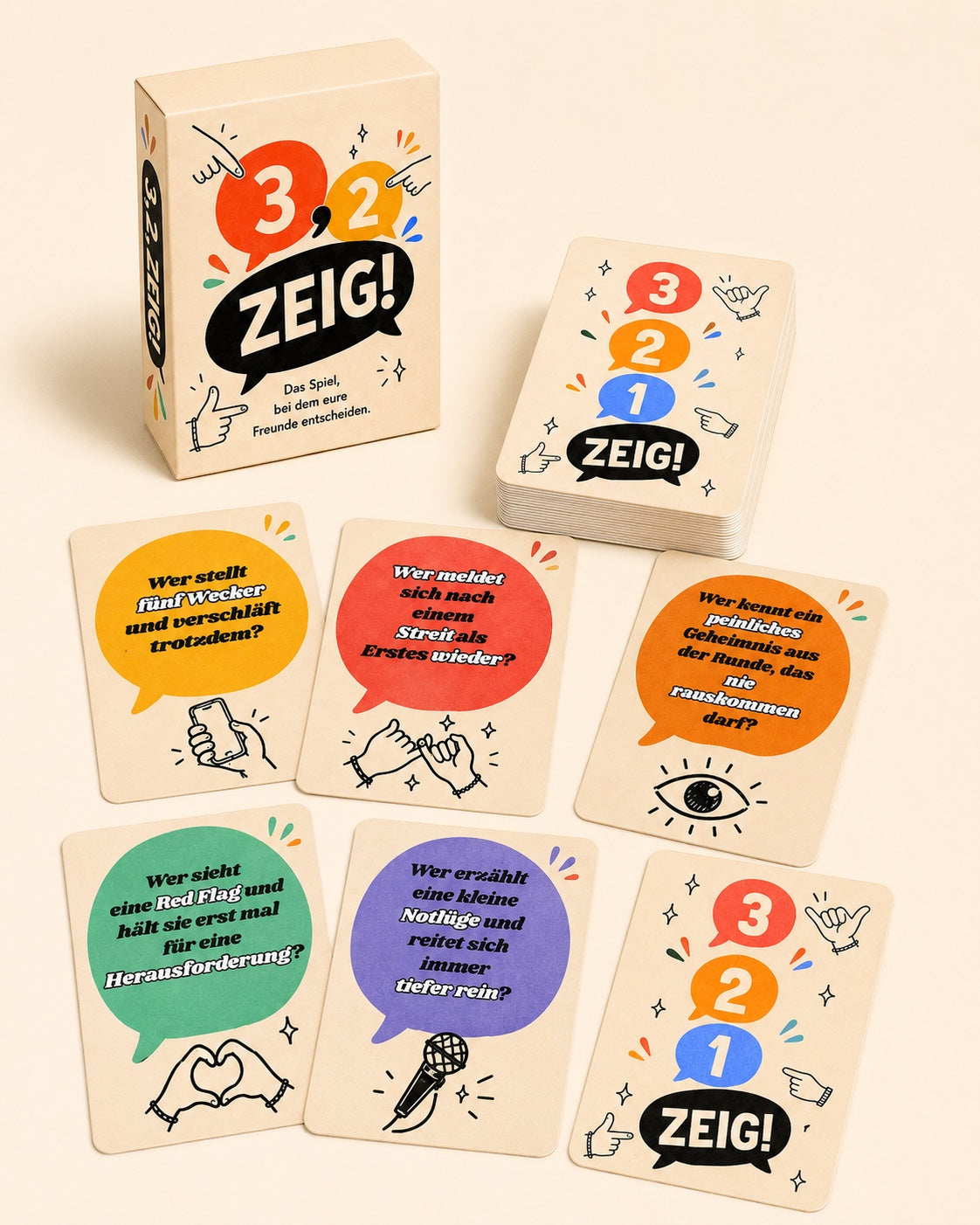 3,2,ZEIG! Spielbox, Kartenstapel und Fragekarten